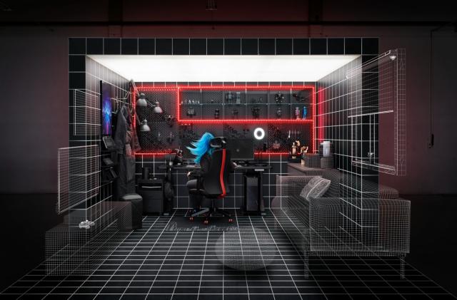 The IKEA ASUS ROG gaming collection presented with this wireframe rendering of a high-tech gaming area in someone's home.