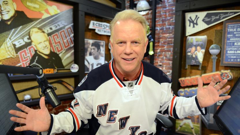 WFAN Host Norman Julius "Boomer" Esiason. Boomer Esiason wearing his NYC  Ranger jersey on is Radio show New York Manhattan 345 Hudson St. WFAN  studio. (Photo By: Marcus Santos/NY Daily News via Getty Images)