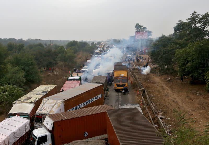 Farmers block the expressway near the Indian capital to protest the new Modi laws