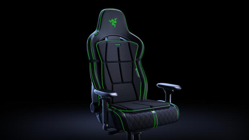 A green and black gaming chair. 