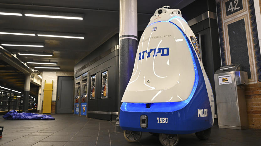 Photo by: NDZ/STAR MAX/IPx 2023 10/22/23 New York City Mayor Eric Adams makes a public safety-related announcement at the 42nd Street subway station on September 22, 2023 in New York City. The New York Police Department announces the use of the Knightscope K5 robot, a 400-lb, 5-foot-tall wheeled robot, that can autonomously patrol an area.