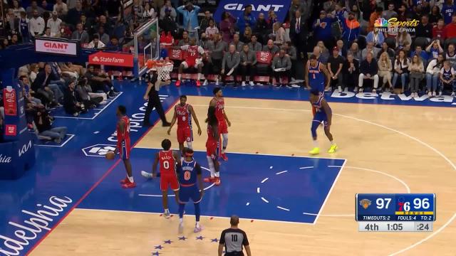 Jalen Brunson with an and one vs the Philadelphia 76ers