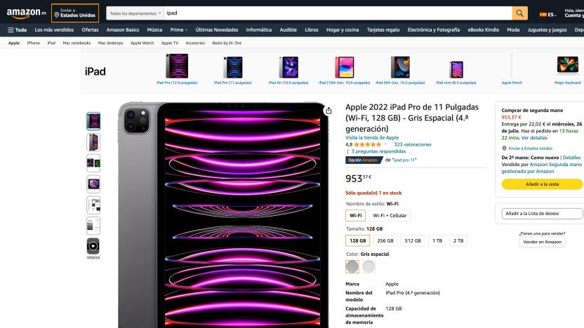 Screenshot on Spanish Amazon website, showing the listing for the 2022 Apple iPad Pro. Product image to the left, pricing and details to the right, Amazon banner and search bar up top.