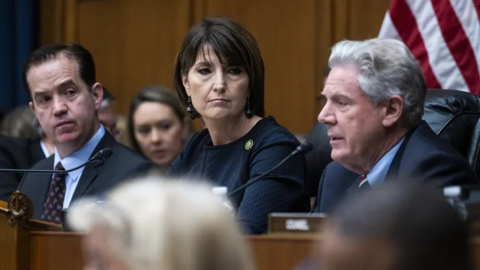 UNITED STATES - MARCH 23: Ranking member Rep. Frank Pallone, D-N.J., right, makes an opening statement as Chair Cathy McMorris Rodgers, R-Wash., looks on, before TikTok CEO Shou Zi Chew testified during the House Energy and Commerce Committee hearing titled TikTok: How Congress Can Safeguard American Data Privacy And Protect Children From Online Harms, in Rayburn Building on Thursday, March 23, 2023. (Tom Williams/CQ-Roll Call, Inc via Getty Images)
