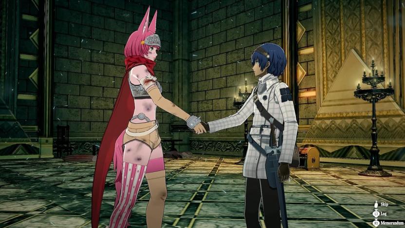 Two video game characters in the middle of the image, shaking hands.