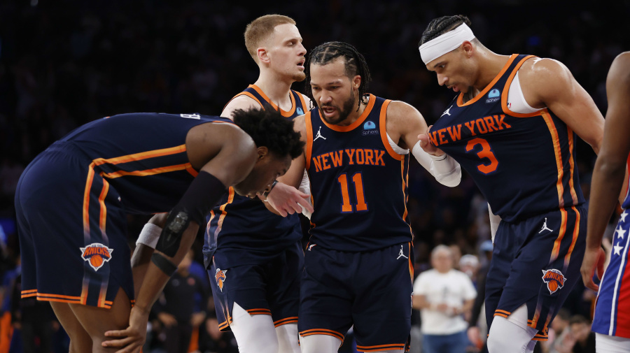 Getty Images - NEW YORK, NEW YORK - APRIL 22: OG Anunoby #8, Josh Hart #3, Jalen Brunson #11, and Donte DiVincenzo #0 of the New York Knicks talk during the second half against the Philadelphia 76ers in Game Two of the Eastern Conference First Round Playoffs at Madison Square Garden on April 22, 2024 in New York City. The Knicks won 104-101. NOTE TO USER: User expressly acknowledges and agrees that, by downloading and or using this photograph, User is consenting to the terms and conditions of the Getty Images License Agreement. (Photo by Sarah Stier/Getty Images)