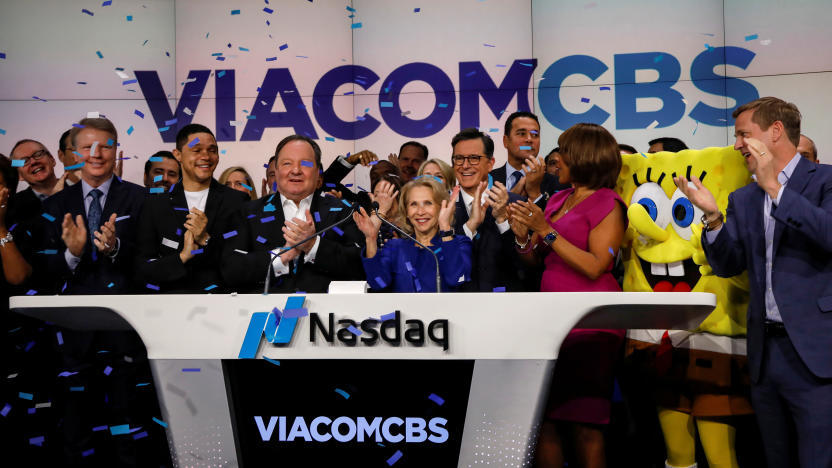 Shari Redstone, chairwoman of ViacomCBS and president of National Amusements, and Robert Bakish, President and CEO of ViacomCBS, ring the opening bell to celebrate their company's merger at the Nasdaq MarketSite in New York, U.S., December 5, 2019. REUTERS/Brendan McDermid