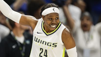 Associated Press - Dallas Wings guard Arike Ogunbowale (24) celebrates a three-point shot during a WNBA basketball game against the Chicago Sky, Wednesday, May 15, 2024, in Arlington, Texas. Dallas won 87-79. (AP Photo/Brandon Wade)