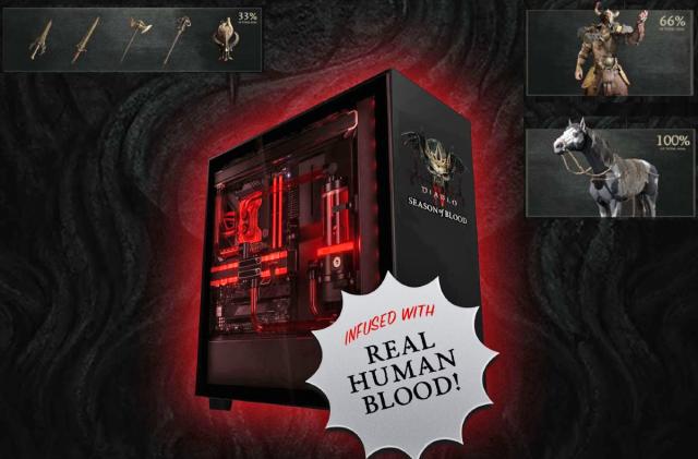 A promo image showing rewards for Diablo's blood drive, including a custom PC infused with human blood.