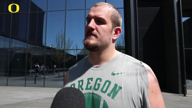 Watch: Oregon center Alex Forsyth speaks to media after Thursday's spring practice