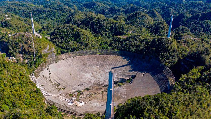 Arecibo radio telescope with collapsed segments