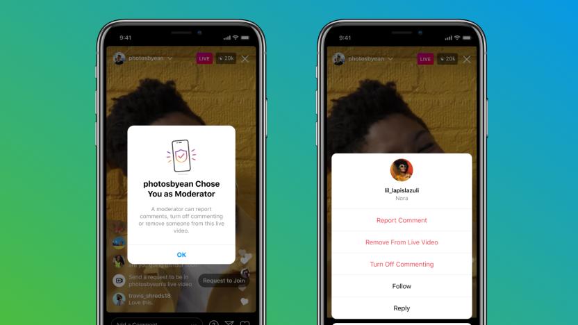 Instagram screenshots showing the new moderation feature for Live broadcasts.