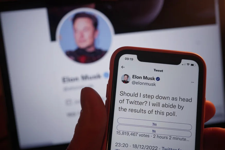 A phone being held showing the twitter poll on screen, in a home in London. Elon Musk looks set to step down from the top job at Twitter after just two months, if he respects the results of an online poll launched on Sunday night. Around 57% of 14 million voters had said that Mr Musk should resign as Twitter chief executive with around three hours to go until the poll closed. Picture date: Monday December 19, 2022. (Photo by Yui Mok/PA Images via Getty Images)