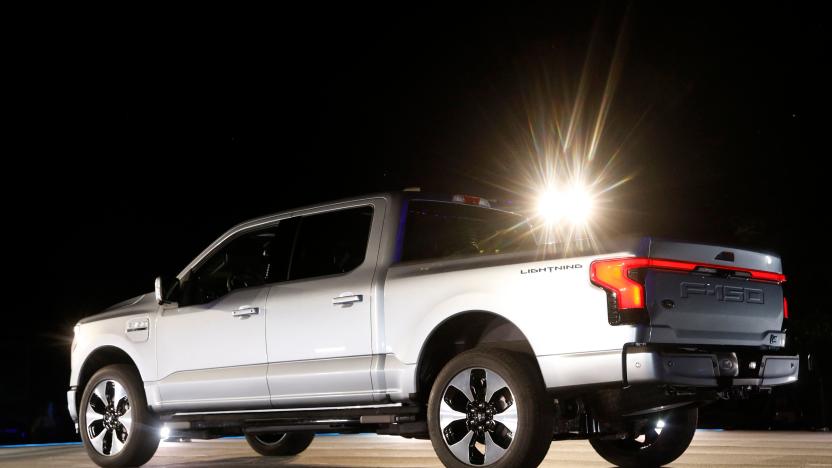 Ford Motor Company unveils their new electric F-150 Lightning outside of their headquarters in Dearborn, Michigan on May 19, 2021. - One day after winning an enthusiastic endorsement from President Joe Biden, Ford will officially preview the all-electric version of its best-selling F-150 truck on May 19, 2021. The battery-powered Ford F-150 "Lightning" is part of the US auto giant's $22 billion campaign to ramp up its electric vehicle offerings by 2025. (Photo by JEFF KOWALSKY / AFP) (Photo by JEFF KOWALSKY/AFP via Getty Images)