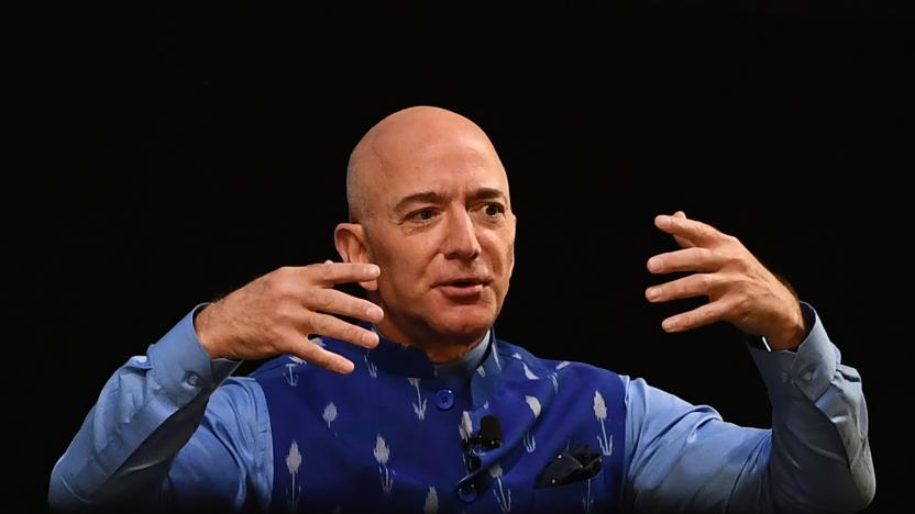 CEO of Amazon Jeff Bezos (R) gestures as he addresses the Amazon's annual Smbhav event in New Delhi on January 15, 2020. - Bezos, whose worth has been estimated at more than $110 billion, is officially in India for a meeting of business leaders in New Delhi. (Photo by Sajjad  HUSSAIN / AFP) (Photo by SAJJAD  HUSSAIN/AFP via Getty Images)