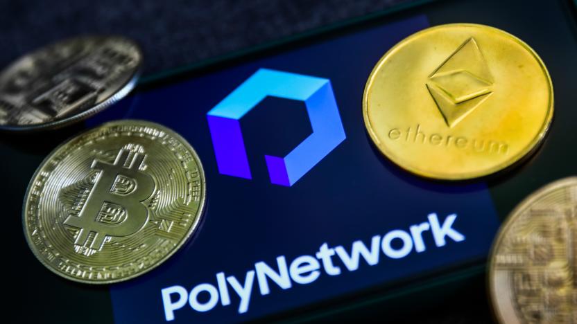 Poly Network logo displayed on a phone screen and representation of cryptocurrencies are seen in this illustration photo taken in Sulkowice, Poland on August 12, 2021. (Photo by Jakub Porzycki/NurPhoto via Getty Images)