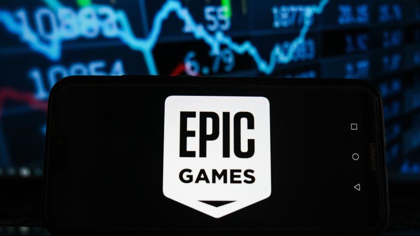 POLAND - 2021/03/21: In this photo illustration an Epic Games logo seen displayed on a smartphone with stock market percentages in the background. (Photo Illustration by Omar Marques/SOPA Images/LightRocket via Getty Images)