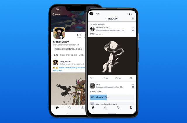 Social media platform Mastodon shown on the screens of two overlapping smartphones against a blue background.