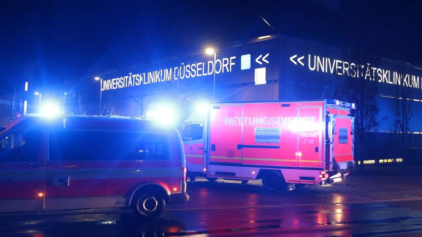 26 February 2020, North Rhine-Westphalia, Duesseldorf: Ambulances drive to the grounds of the University Hospital in the early morning. After infection with the novel coronavirus, a man was transferred from a hospital in Erkelenz to Düsseldorf. Photo: David Young/dpa (Photo by David Young/picture alliance via Getty Images)