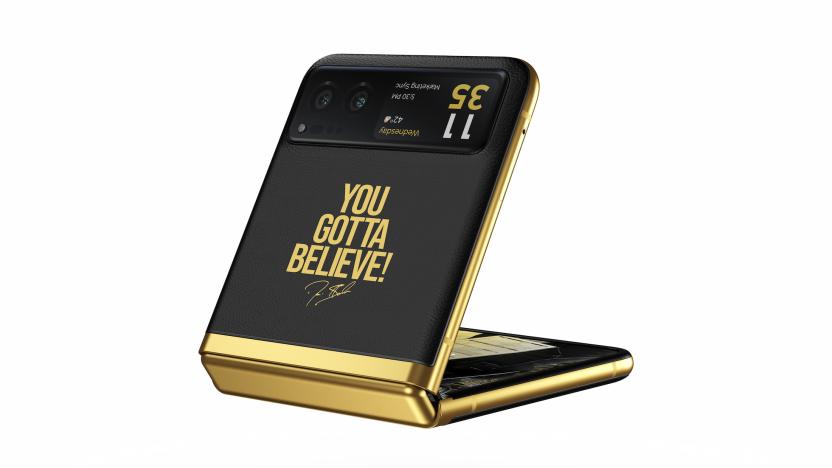 Boost Mobile's Deion Sanders-themed Moto Razr with a black and gold finish and the phrase "You Gotta Believe" printed on it.
