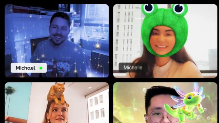 A video call showing the participants with augmented reality effects applied to their feeds.