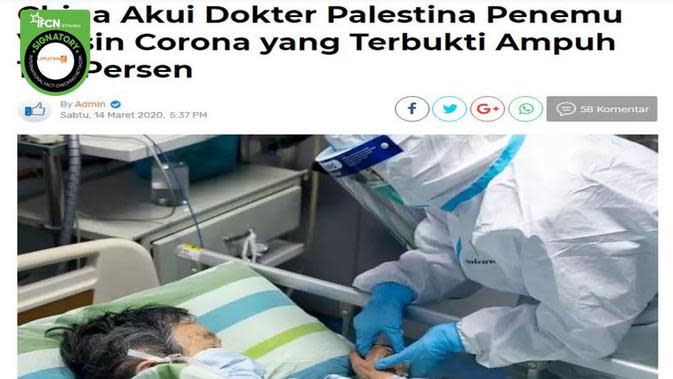 Cek Fakta China Akui Dokter Palestina Temukan Vaksin 