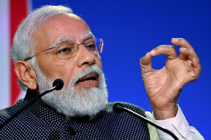 India's Prime Minister Narendra Modi speaks during the "Accelerating Clean Technology Innovation and Deployment" session at the UN Climate Change Conference (COP26) in Glasgow, Scotland, Britain November 2, 2021. Jeff J Mitchell/Pool via REUTERS