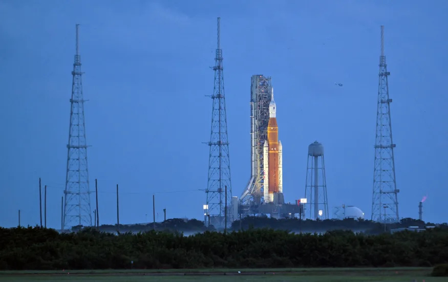 NASA's next-generation moon rocket, the Space Launch System (SLS) with the Orion crew capsule perched on top, stands on launch complex 39B as it is prepared for launch for the Artemis 1 mission at Cape Canaveral, Florida, U.S. September 3, 2022. REUTERS/Steve Nesius