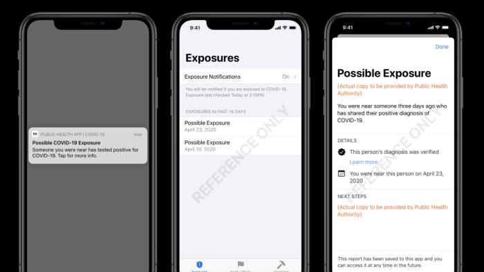 Sample screenshots of Apple and Google's upcoming exposure notification system.