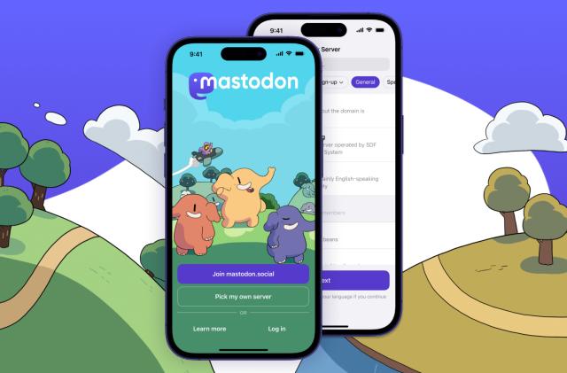 A product photo of Mastodon showing its simplified sign-up page with the option to join a server it operates called mastodon.social. 