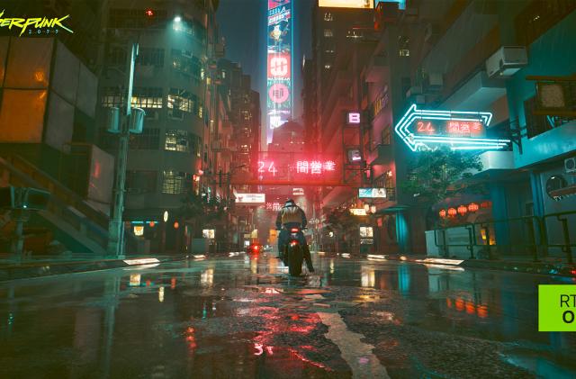 Screenshot of a scene from ‘Cyberpunk 2077’ using path tracing. It's a nighttime city scene (plenty of neon lights in a cyberpunk setting) showing a person on a motorcycle from behind.