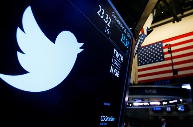 The Twitter logo is displayed on a screen on the floor of the New York Stock Exchange (NYSE) in New York City, U.S. on September 28, 2016. REUTERS/Brendan McDermid/File Photo