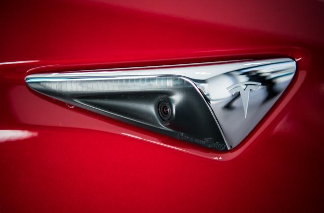 WASHINGTON, DC - JANUARY 26: A side sensor camera on Tesla's new Model 3 car on display is seen on Friday, January 26, 2018, at the Tesla store in Washington, D.C. (Photo by Salwan Georges/The Washington Post via Getty Images)