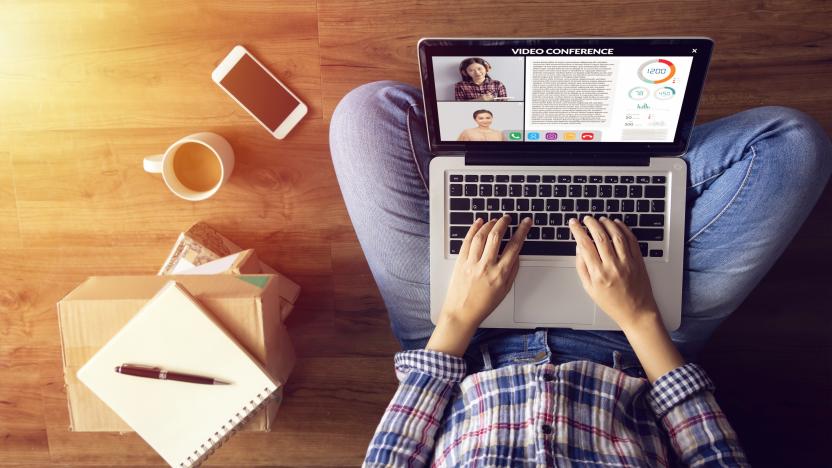 work from home. people making video conference with colleague via laptop computer during home quarantine to avoid spreading illness transmission of COVID-19 Coronavirus outbreak. Social distancing