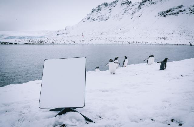 A photo of a Starlink terminal with a snowy landscape and penguins in the background. 