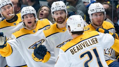 Getty Images - VANCOUVER, CANADA - APRIL 23: Anthony Beauvillier #21 of the Nashville Predators is congratulated at the players bench after scoring a goal against the Vancouver Canucks in Game Two of the First Round of the 2024 Stanley Cup Playoffs at Rogers Arena on April 23, 2024 in Vancouver, British Columbia, Canada. (Photo by Derek Cain/Getty Images)