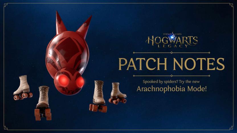 Marketing image for Hogwarts Legacy’s Arachnophobia Mode. A red spider's body with glowing eyes floats above four roller skates scattered around it. Text reads, “Patch Notes: Spooked by spiders? Try the new Arachophobia Mode!”