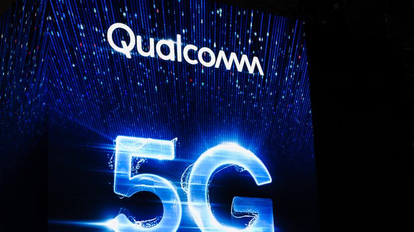 Qualcomm 5G, logo exhibited during the Mobile World Congress, on February 26, 2019 in Barcelona, Spain. 
 (Photo by Joan Cros/NurPhoto via Getty Images)
