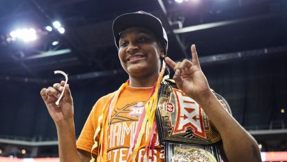 Getty Images - KANSAS CITY, MISSOURI - MARCH 12: Madison Booker #35 of the Texas Longhorns poses for a photo after defeating the Iowa State Cyclones in the Big 12 Women's Basketball Tournament championship game at T-Mobile Center on March 12, 2024 in Kansas City, Missouri.  (Photo by Jay Biggerstaff/Getty Images)