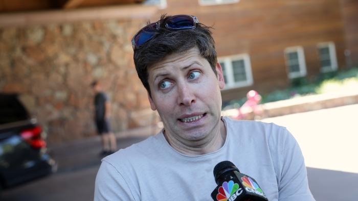 SUN VALLEY, IDAHO - JULY 11: Sam Altman, CEO of OpenAI, speaks to the media as he arrives at the Sun Valley Lodge for the Allen & Company Sun Valley Conference on July 11, 2023 in Sun Valley, Idaho. Every July, some of the world's most wealthy and powerful businesspeople from the media, finance, technology and political spheres converge at the Sun Valley Resort for the exclusive weeklong conference. (Photo by Kevin Dietsch/Getty Images)