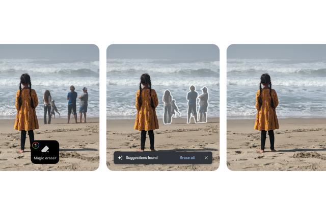 Screenshots showing Google's Magic Eraser tool being used to remove people from a photo of a young girl looking out at the ocean.