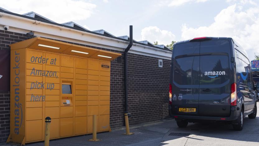 An Amazon Prime delivery van sits idle beside a yellow Amazon Locker drop box where customers can collect their online deliveries on 10th August, 2021 in Leeds, United Kingdom. Amazon is a multinational ecommerce and technology company, one of the "Big FIve" information technology companies in the United States. (photo by Daniel Harvey Gonzalez/In Pictures via Getty Images)