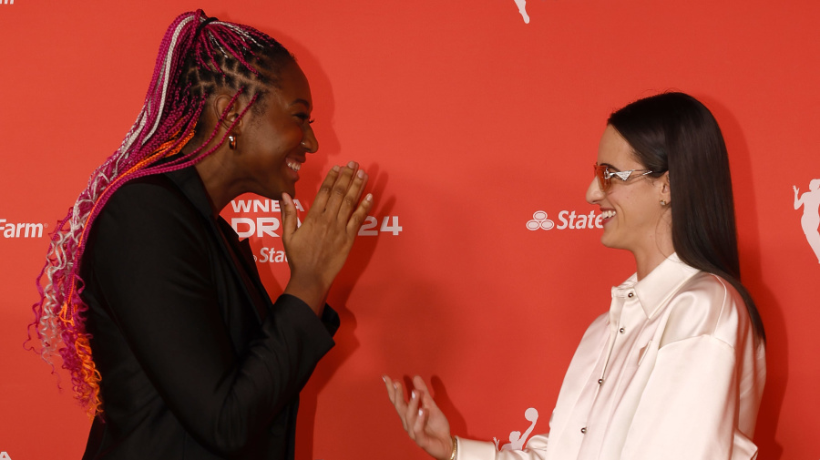 Getty Images - NEW YORK, NEW YORK - APRIL 15: (L-R) Aliyah Boston talks with Caitlin Clark prior to the 2024 WNBA Draft at Brooklyn Academy of Music on April 15, 2024 in New York City. (Photo by Sarah Stier/Getty Images)