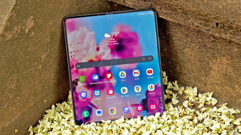 Photo of the Samsung Galaxy Z Fold 5 sitting on an outdoor step on top of wilted flower petals. Its display is open to its home screen.