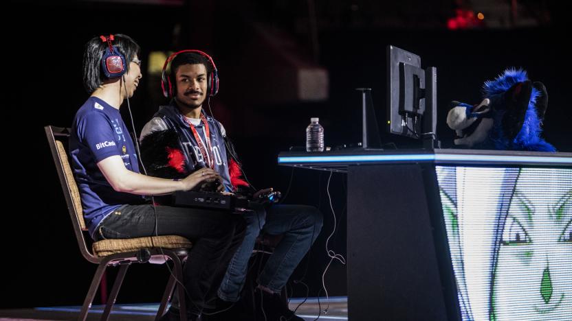 LAS VEGAS, NV - AUGUST 05:  Dominique 'SonicFox' McLean takes on  Goichi 'GO1' Kishada in the DragonBall FighterZ finals during EVO 2018 at the Mandalay Bay Events Center on August 5, 2018 in Las Vegas, Nevada.  (Photo by Joe Buglewicz/Getty Images)