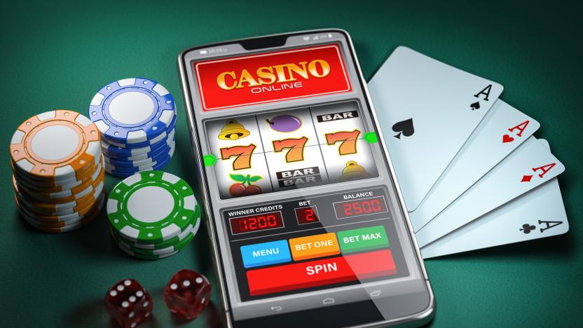 Online casino and gambling concept. Slot machine on smartphone screen, cards, dice and poker chips. 3d illustration