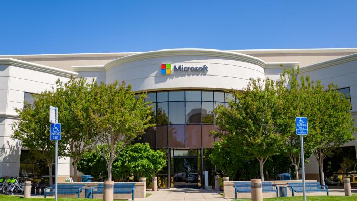 Facade with sign and logo at regional headquarters of computing company Microsoft in the Silicon Valley, Mountain View, California, May 3, 2019. (Photo by Smith Collection/Gado/Getty Images)