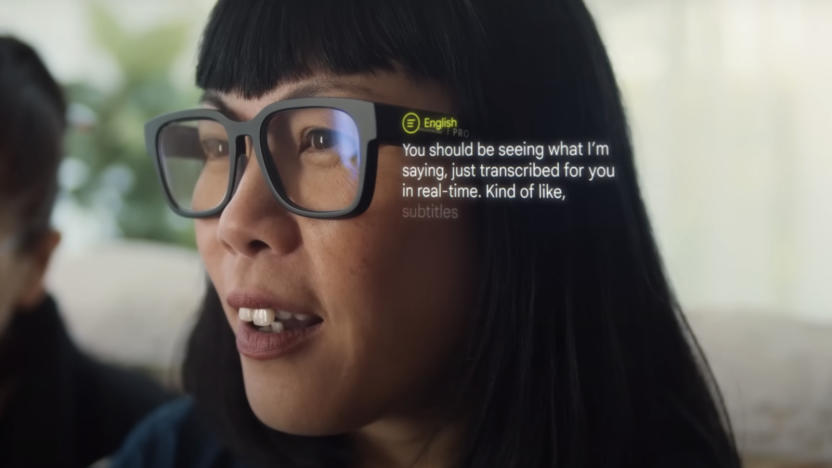 A person wearing eyeglasses with translation features.