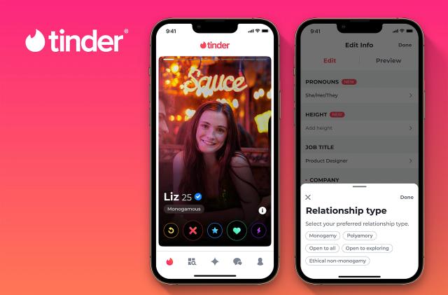 Tinder marketing image showing two smartphones with a red background and the Tinder logo on the upper left. The phones show the Tinder app, with a young person named Liz, listed as "monogamous." The second phone screen shows her settings, where she can choose between different relationship types.