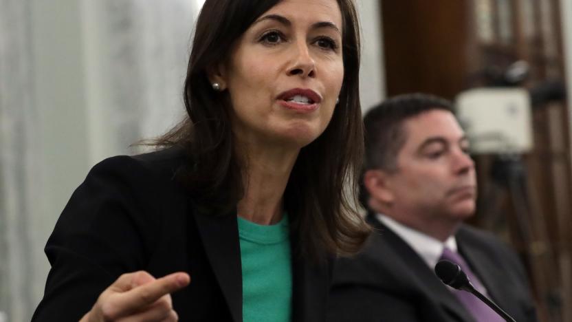 WASHINGTON, DC - JUNE 24:  Commissioner of Federal Communications Commission Jessica Rosenworcel (L) speaks as commissioner of Federal Communications Commission Michael O’Rielly (R) listens during a hearing before Senate Commerce, Science and Transportation Committee at Russell Senate Office Building June 24, 2020 in Washington, DC. The committee held a hearing to examine the oversight of Federal Communications Commission. (Photo by Alex Wong/Getty Images)